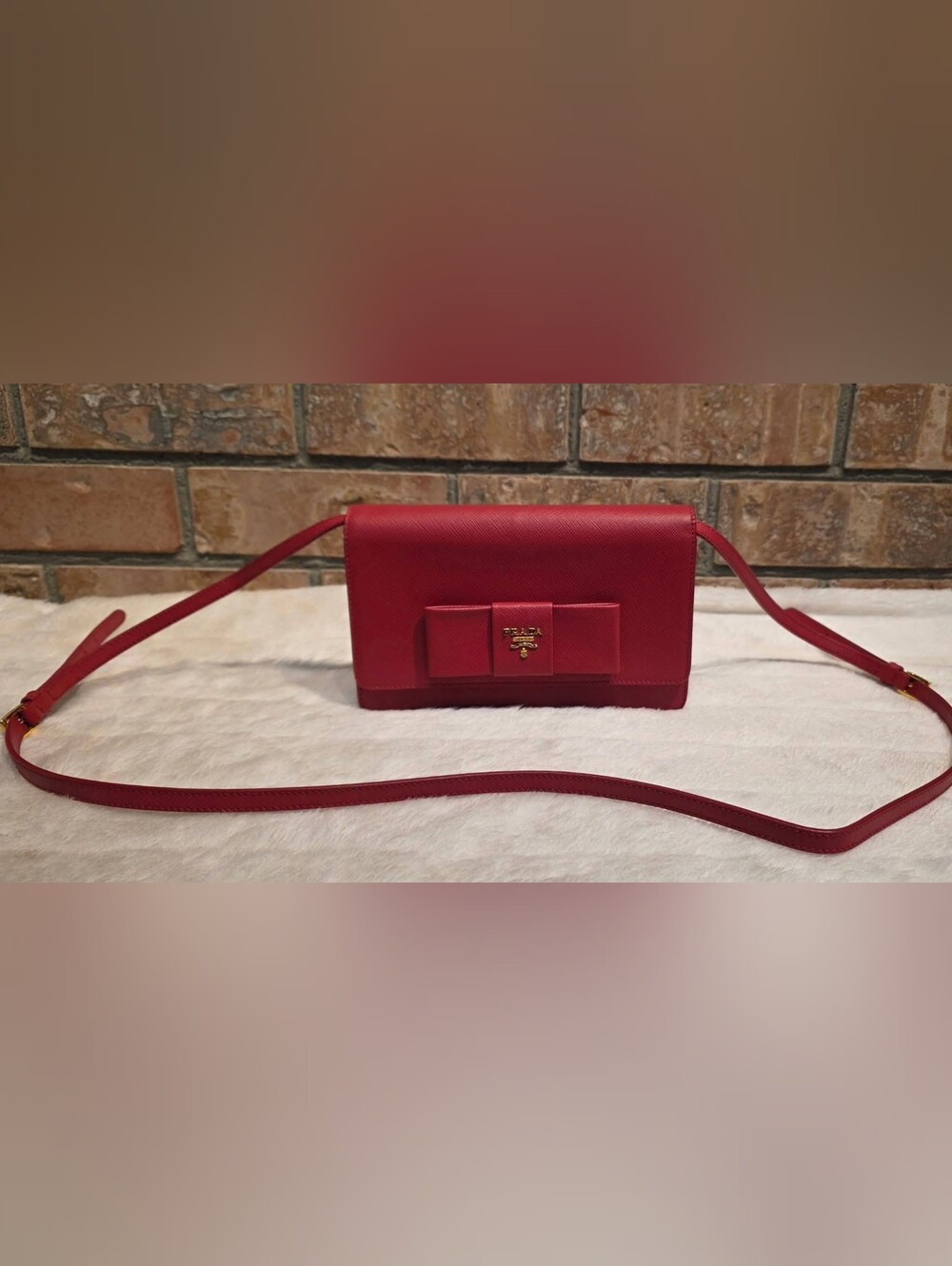 Authentic Prada Saffiano Lux Bow Wallet On Strap (Red)